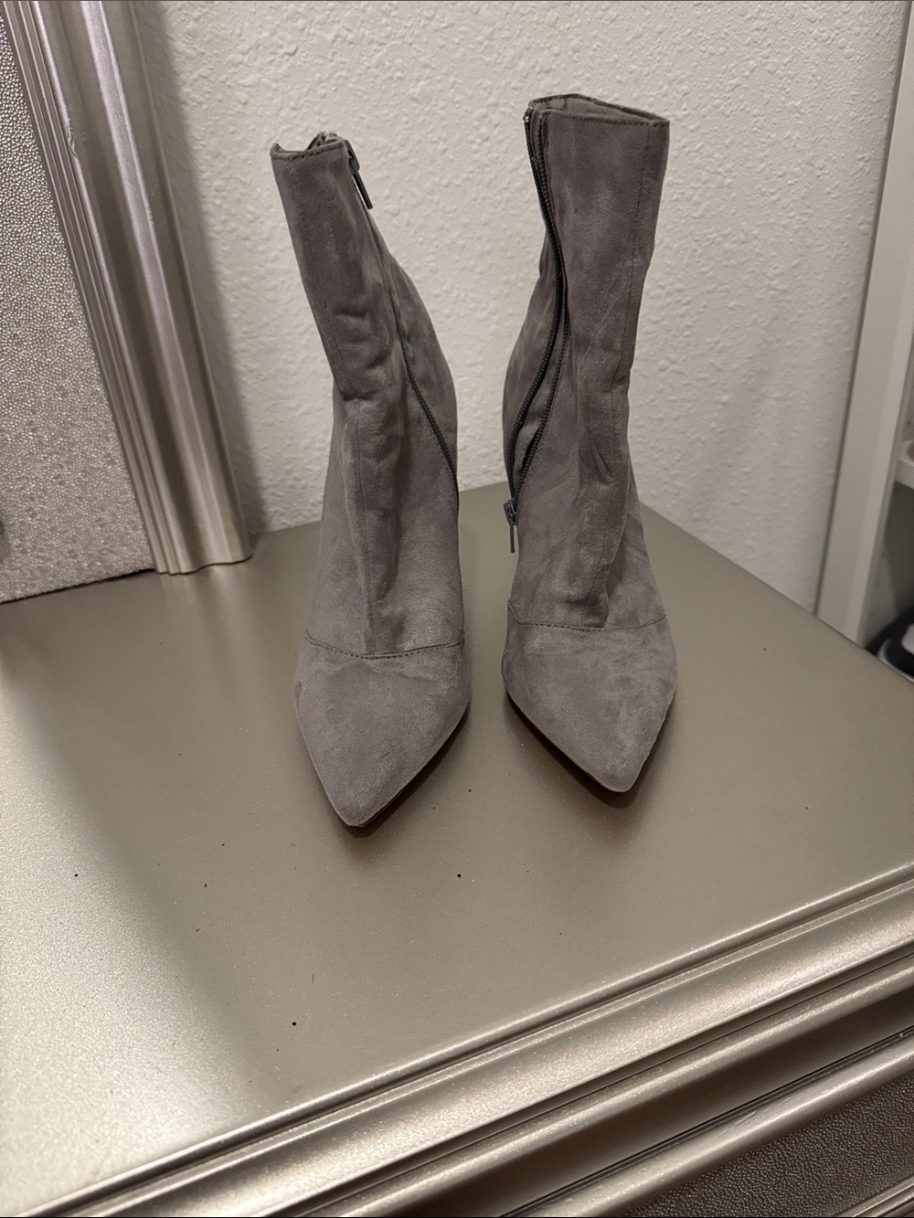 Glaze Gray Suede Pointed Toe Mid-Calf Heeled Boots
